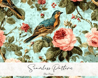 Shabby Chic Floral Pattern: Vintage Roses & Birds (Digital Download)