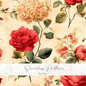 May include: Seamless floral pattern featuring red roses and peach-colored hydrangeas on a cream background. The design includes green leaves and stems, with the text "Seamless Pattern" and "Bena Designs".