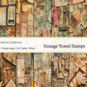 Timbres de voyage vintage papiers numériques, papiers de journal vintage, carte postale de voyage vintage, papiers de journal de voyage, papiers de journal éphémères