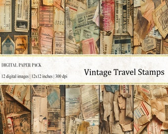 May include: A digital paper pack of 12 vintage travel stamps, each measuring 12x12 inches at 300 dpi. The stamps are a collage of various colors, including red, blue, green, and yellow, with faded text and edges.
