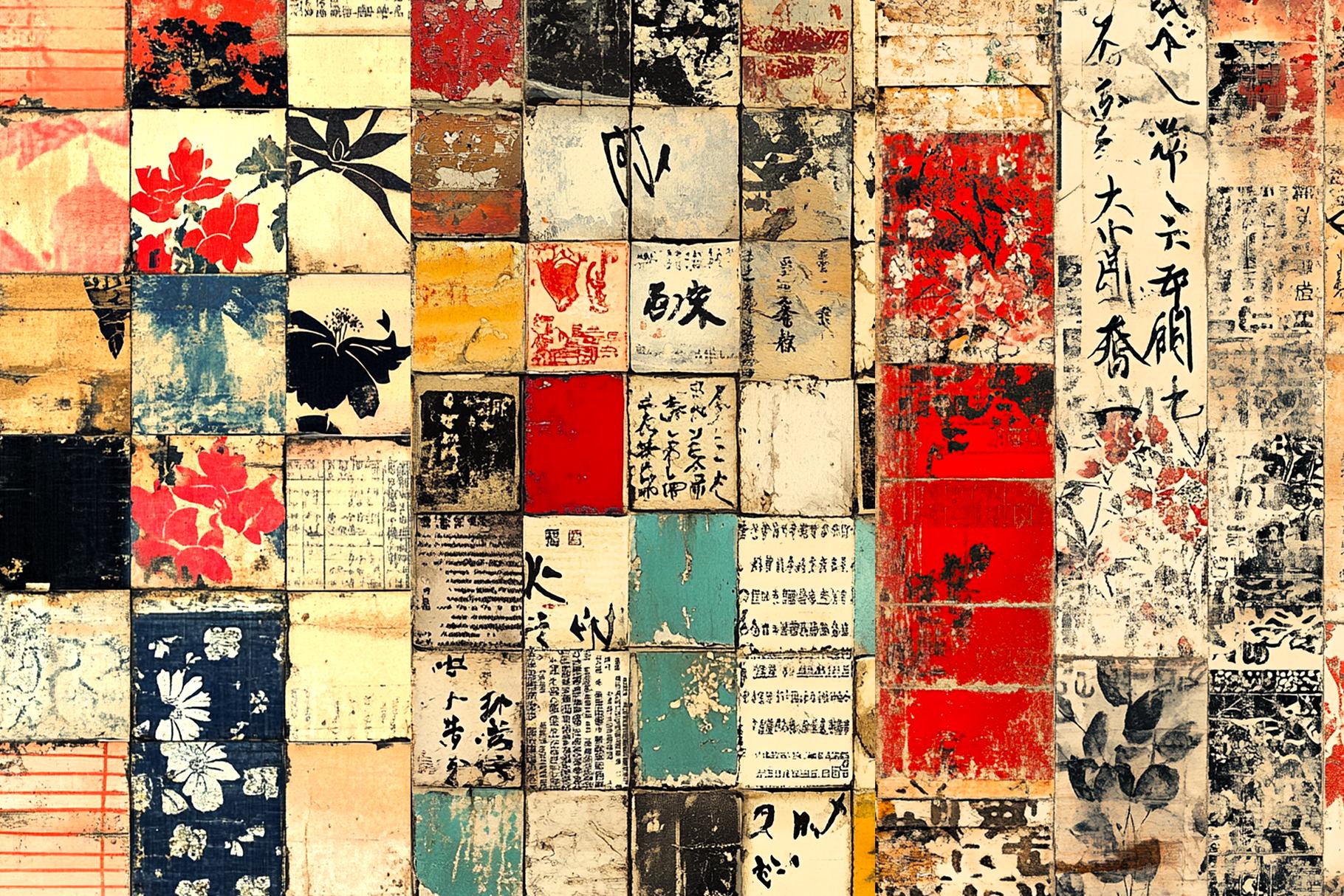 Japanese Collage Digital Papers: Vintage Oriental Backgrounds