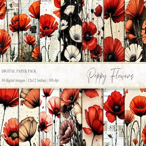 Poppy Flowers Digital Paper, Vintage Flowers, Flowers Junk Journal Paper, Poppy Flowers Printable, Digital Download, Junk Journal Kit