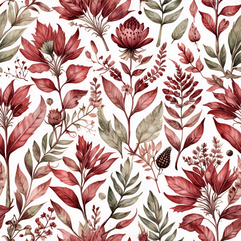 Burgundy Green Floral Pattern: Botanical Fabric Print (digital Download ...