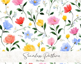 Watercolor Flower Seamless Pattern: Bright Spring Fabric (Digital Download)