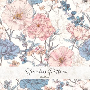 May include: A seamless floral pattern with large flowers in soft pink, blue, and white. The design includes various flower types and foliage. The text "Seamless Pattern" and "Bena Designs" is at the bottom of the image.