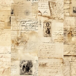Puede incluir: Un collage de papeles vintage con texto escrito a mano e ilustraciones. Los papeles est&aacute;n en varios tonos de marr&oacute;n y crema, y algunos tienen bordes descoloridos o desgarrados. Las ilustraciones incluyen un retrato de un hombre, un peque&ntilde;o dibujo de un p&aacute;jaro y un sello con el n&uacute;mero 10.