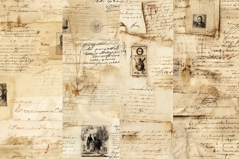 Puede incluir: Un collage de papeles vintage con texto escrito a mano e ilustraciones. Los papeles est&aacute;n en varios tonos de marr&oacute;n y crema, y algunos tienen bordes descoloridos o desgarrados. Las ilustraciones incluyen un retrato de un hombre, un peque&ntilde;o dibujo de un p&aacute;jaro y un sello con el n&uacute;mero 10.