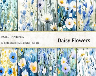 Watercolor Daisy Flowers Digital Paper Pack (PNG)