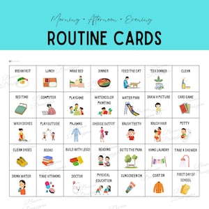 Peut inclure: Une carte de routine colorée avec des illustrations pour diverses activités telles que le petit-déjeuner, le déjeuner et le coucher. La carte comprend le texte "Morning + Afternoon + Evening ROUTINE CARDS". La carte est conçue pour aider les enfants avec leurs routines quotidiennes.