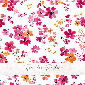 May include: A seamless pattern featuring watercolor-style flowers in shades of pink, orange, and red, set against a white background. The design includes various sizes of blossoms and small dots, with the text "Seamless Pattern" and "Bena Designs".
