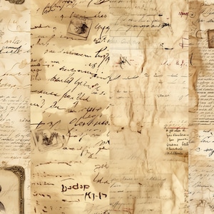 May include: A vintage-style background with a collage of old paper, handwritten notes, and faded images. The paper is a warm brown color with a distressed look, and the writing is in black ink. There are also some faded images of flowers and people.