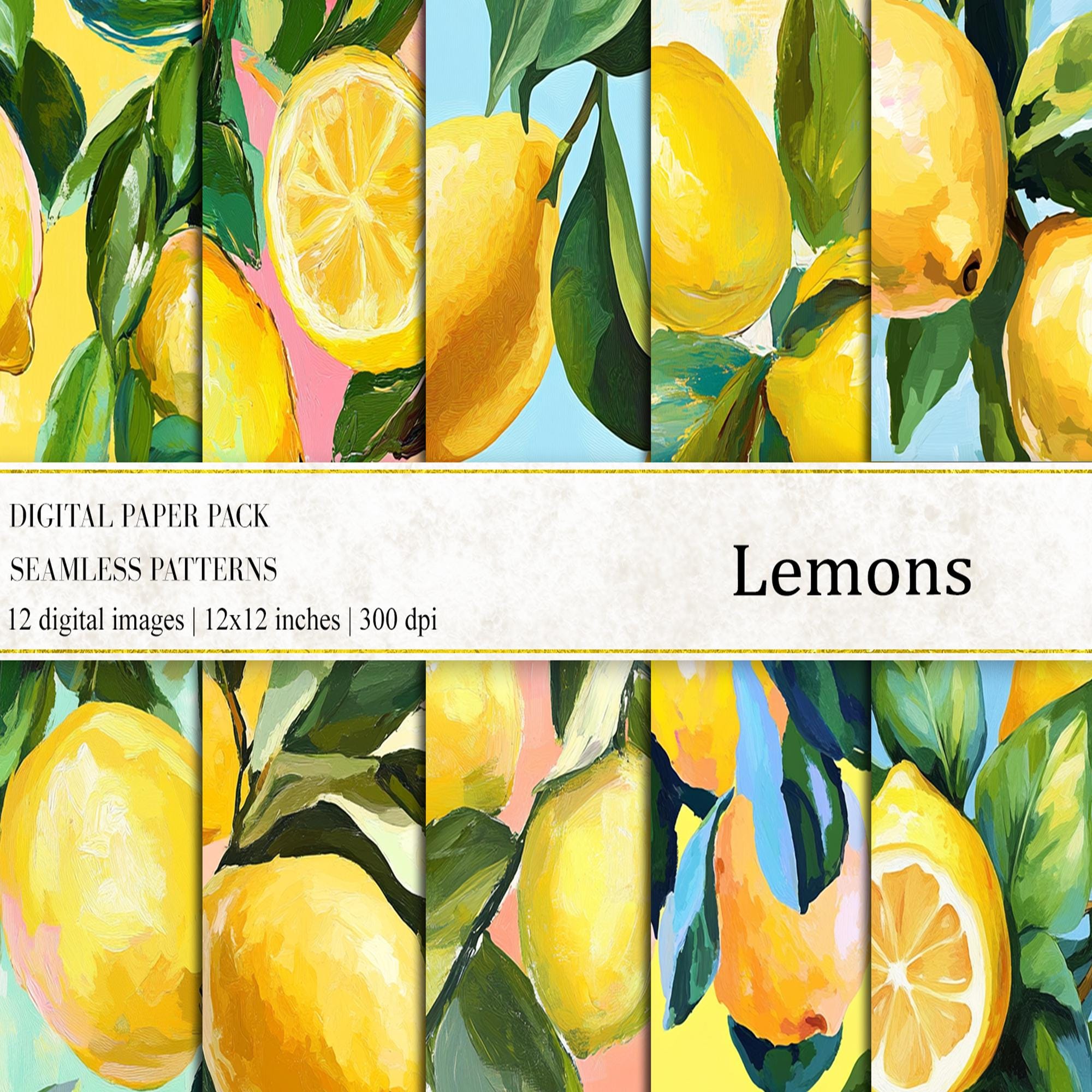 Lemon Digital Paper: Citrus Seamless Patterns (PNG, 12x12, 300 Dpi