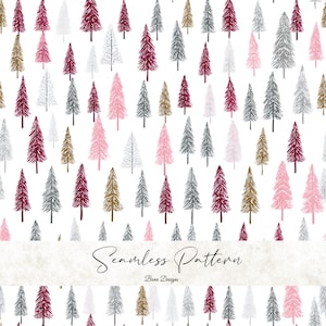 May include: Seamless pattern featuring a repeating design of stylized Christmas trees in various colors, including burgundy, silver, gold, and pink, set against a white background. The text "Seamless Pattern" is displayed in cursive font.