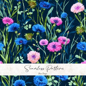 May include: Seamless floral pattern featuring vibrant blue and pink cornflowers amidst green foliage against a dark blue background. The design includes the text "Seamless Pattern" and "Bena Designs".