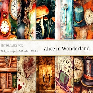Alice no País das Maravilhas Papéis Digitais, Aquarela Alice no País das Maravilhas, Papel de Diário, Papel Digital Vintage Alice no País das Maravilhas, uso comercial