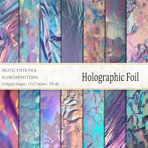 Puede incluir: Un paquete de papel digital con patrones de lámina holográfica sin costuras. El paquete incluye 14 imágenes digitales, cada una de 30,48 cm x 30,48 cm, a 300 ppp. Los diseños de lámina muestran una variedad de colores y texturas iridiscentes, incluyendo patrones arrugados y geométricos.
