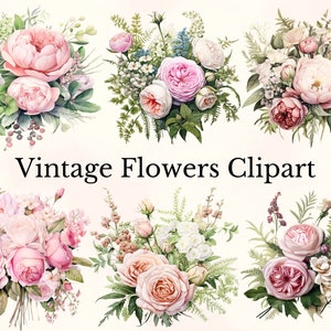 Watercolor Vintage Flowers Clipart, Watercolor Peony Flowers, Botanical Peony Flowers Clipart, Blush Pink Color Flowers, commercial use