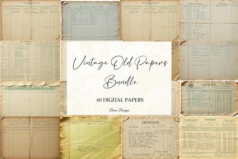 Peut inclure: Un ensemble de papiers anciens, comprenant des factures, des registres et des notes manuscrites. Les papiers pr&eacute;sentent un aspect vieilli avec des nuances de beige, cr&egrave;me et vert. Le texte "Vintage Old Papers Bundle" et "60 Digital Papers" est visible.