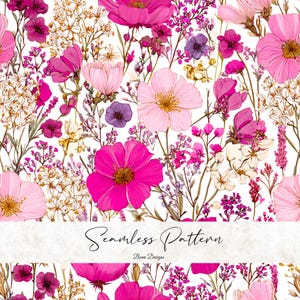 May include: Seamless floral pattern featuring a variety of pink, magenta, and purple flowers on a white background. The design includes detailed illustrations of blossoms and foliage, with the text "Seamless Pattern" and "Bena Designs".