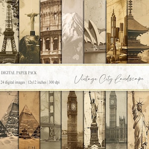 Papel digital de paisagem de cidade vintage, impressão de cidade vintage, papel digital de cidade antiga, impressão de cidade vintage, download digital, fotografia de cidade