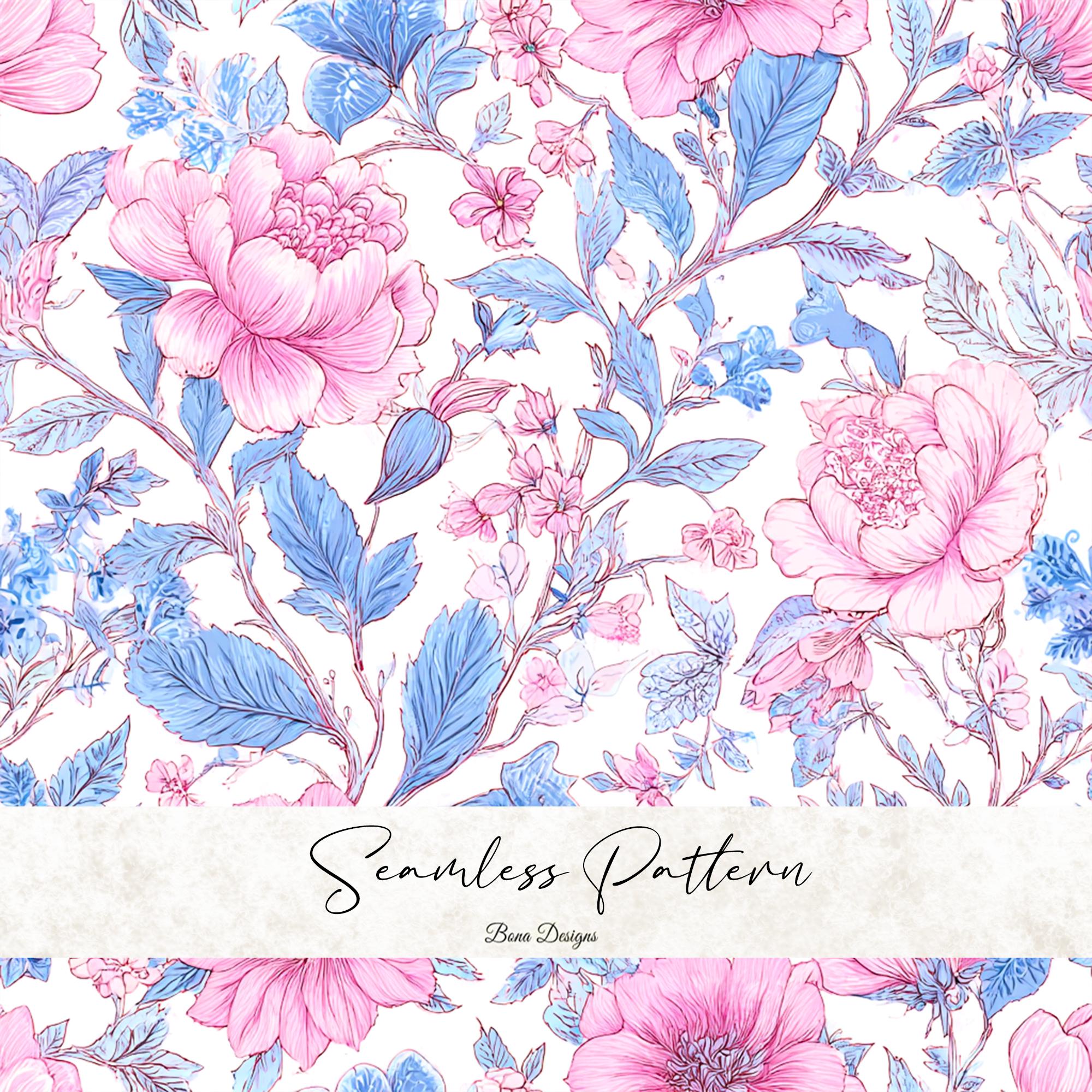 Vintage Pink Blue Floral Seamless Pattern: Pastel Fabric Print (digital ...