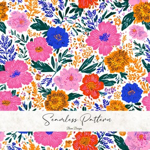 May include: Seamless floral pattern featuring vibrant pink, orange, and blue flowers with green leaves and orange accents on a white background. The text "Seamless Pattern" is displayed in a cursive font.