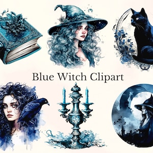 Blue Witch Clipart, Magic Witch Clipart, Witchcraft png, Clipart de fantasia em aquarela, Junk Journal, Clip Art mágico, Uso comercial