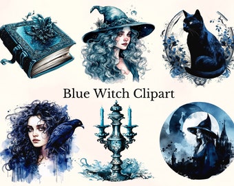 Watercolor Blue Witch Clipart: Fantasy Graphics (PNG, Commercial Use)
