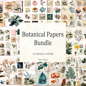 Peut inclure: Un ensemble de 50 papiers botaniques numériques avec des illustrations florales et végétales vintage. Les papiers présentent une variété de fleurs et de feuillages dans un style de collage, avec un fond neutre et le texte "Botanical Papers Bundle".