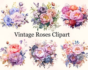 Watercolor Magical Vintage Roses, Pastel Floral, Magical Floral Clipart, Vintage Floral Clipart, Vintage Rose Clipart, commercial use