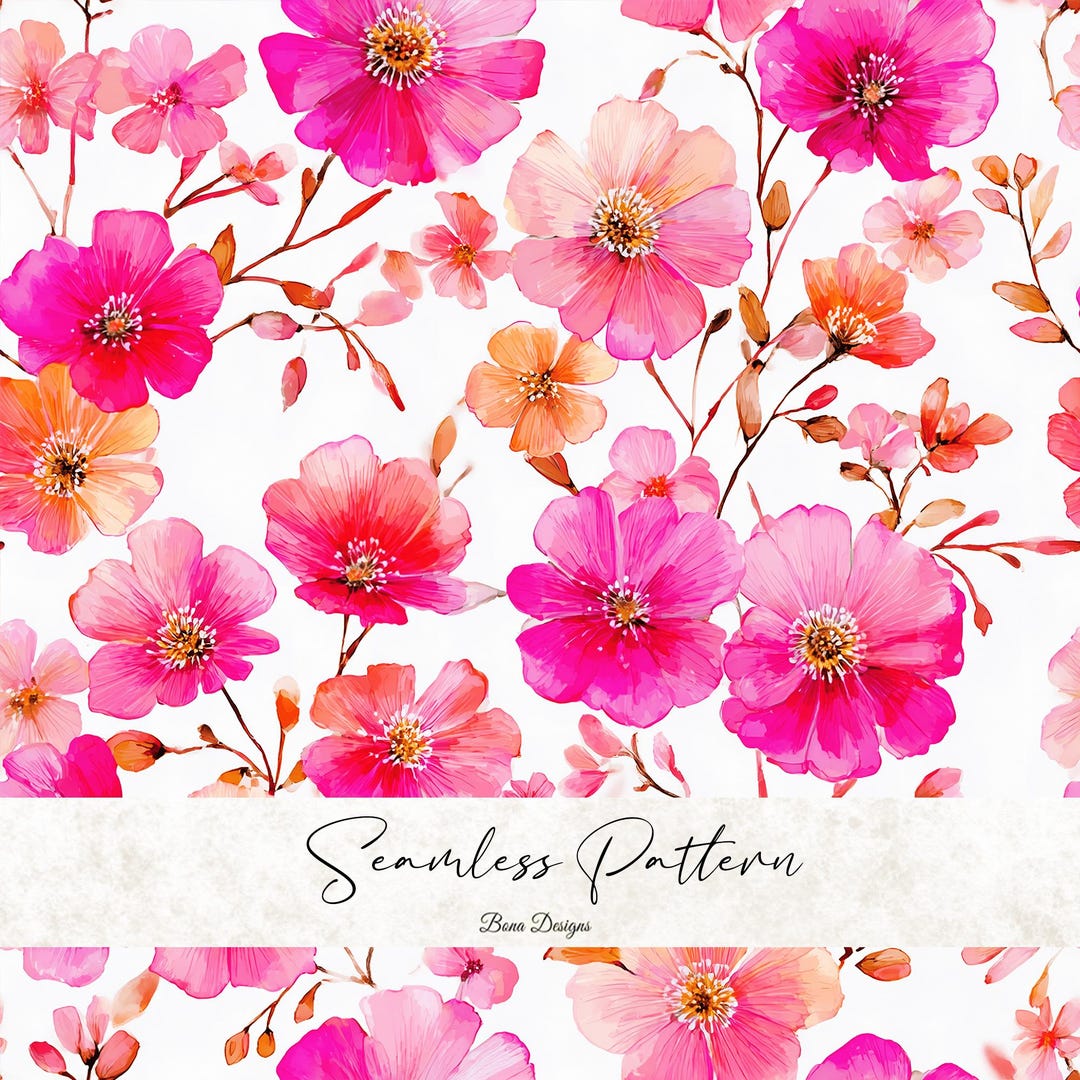 Watercolor Pink Flowers Seamless Pattern: Spring Flowers Fabric Print ...