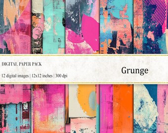 Könnte beinhalten: Ein Set mit 12 digitalen Hintergrundpapieren im Grunge-Stil. Die Papiere zeigen eine Vielzahl von Farben, darunter Pink, Blau, Orange und Gelb, und haben einen abgenutzten, strukturierten Look. Die Papiere sind 30,5 x 30,5 cm groß und haben eine Auflösung von 300 dpi.