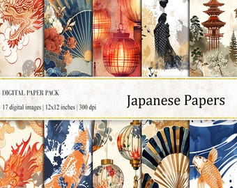 May include: A digital paper pack containing 17 Japanese-themed designs. The designs feature koi fish, dragons, lanterns, fans, and pagodas. The papers are 12x12 inches and 300 dpi.
