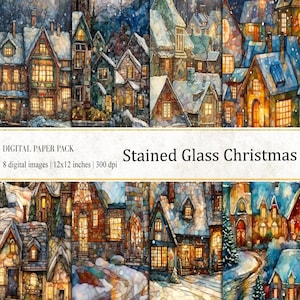 Watercolor Stained Glass Christmas Digital Papers, Watercolor Christmas Digital Papers, Stained Glass Digital Papers, commercial use