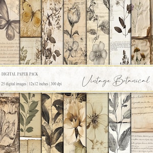Vintage digitaal papier, vintage botanisch papier, kortstondig papier, plakboekpapier, antiek papier, botanisch collagepapier, ongewenst dagboekpapier