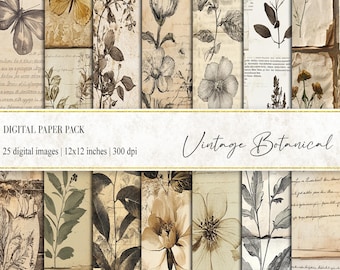 Vintage Botanical Digital Paper, Scrapbook Ephemera (PNG, 12x12 in)