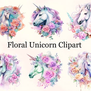 Watercolor Floral Unicorn Clipart, Pastel Floral Unicorn, Magical Clipart, Unicorn Clipart, Rainbow Unicorn Floral Clipart, Commercial Use
