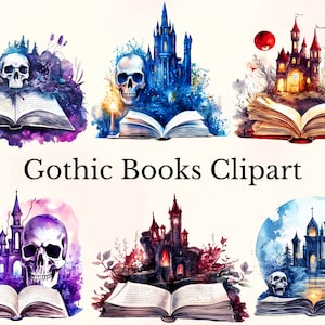 Watercolor Gothic Books Clipart, Fantasy Book Clip Art, Skull Gothic Clipart, Gothic Books Clipart, Gothic Fantasy Book Art, Commercial Use
