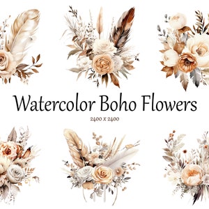 Watercolor Boho Flowers, Watercolor Boho Roses, Boho Clipart, Vintage Boho Clipart, Wedding Invitation, Floral Boho Clipart, Floral Bouquet