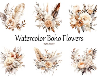Aquarell Boho Blumen Clipart: Vintage Rosen-Blumenstrauß (PNG Dateien)