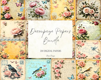 May include: A bundle of digital decoupage papers with vintage floral designs. The papers display pink roses, butterflies, birds, and script elements on aged backgrounds. The text "Decoupage Papers Bundle" and "200 DIGITAL PAPERS" are visible.