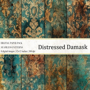 Verontrust damast digitaal papier, blauwgroen bronzen naadloze patronen, bronzen grungetexturen, grunge achtergronden, grungetexturen, digitaal papier