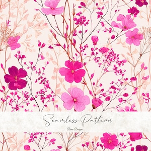 May include: A seamless pattern showcasing bright pink flowers and slender branches on a pale beige backdrop. The design incorporates diverse sizes of blooms and buds, forming a floral and botanical theme. The text "Seamless Pattern" and "Bena Designs" are at the bottom.