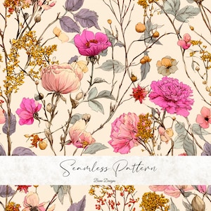 May include: Seamless floral pattern featuring pink and peach peonies, small pink flowers, and yellow sprigs on a cream background. The design includes gray leaves and thin brown stems. The text "Seamless Pattern" and "Bena Designs" are at the bottom.