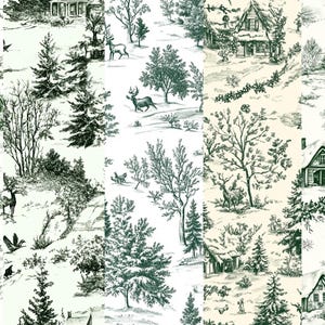 May include: A seamless pattern featuring a winter wonderland scene with green and white houses, trees, and deer. The background is white with a subtle green tint.