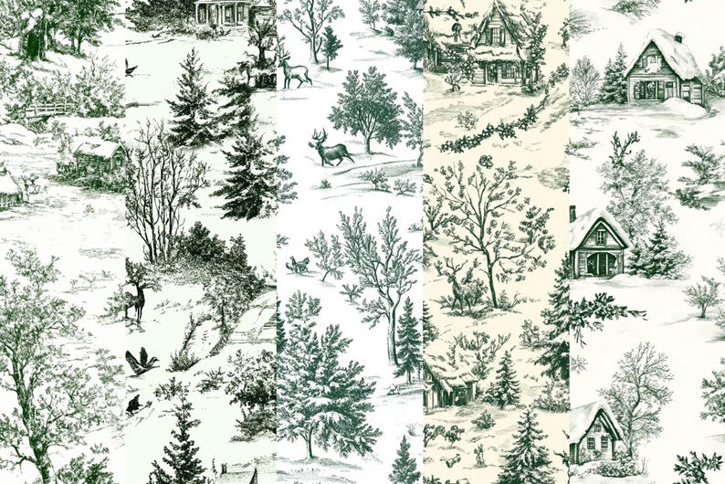 May include: A seamless pattern featuring a winter wonderland scene with green and white houses, trees, and deer. The background is white with a subtle green tint.