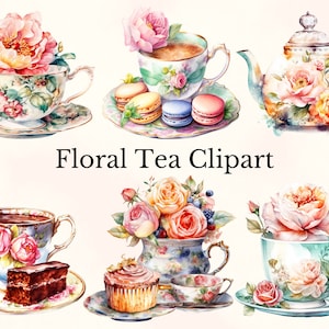 Watercolor Vintage Floral Tea Clipart, 25 PNG Pastel Tea Clipart, Flower Tea Cups, Flower Teacup Png, Commercial Use, Vintage Tea Party