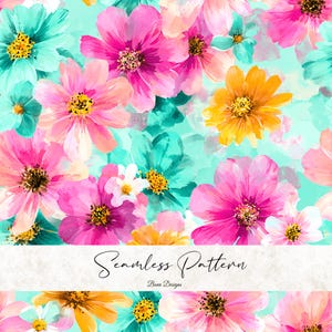 May include: A seamless pattern featuring watercolour flowers in shades of pink, turquoise, and yellow. The design includes various sizes of blossoms with yellow centres, set against a light turquoise background. The text "Seamless Pattern" is displayed.