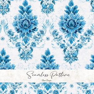 May include: Seamless pattern design featuring a repeating floral motif in shades of blue against a white background. The design includes large, stylized flowers and smaller floral elements. The text "Seamless Pattern" is displayed.