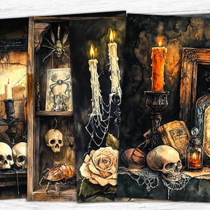 May include: A digital art print featuring a dark, gothic scene with candles, skulls, and a spider web. The print has a vintage, antique aesthetic and includes the text "Fear with Things that are beyond Human Trace".